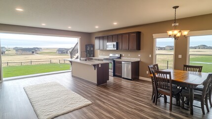 Open-concept kitchen and dining area with expansive views.