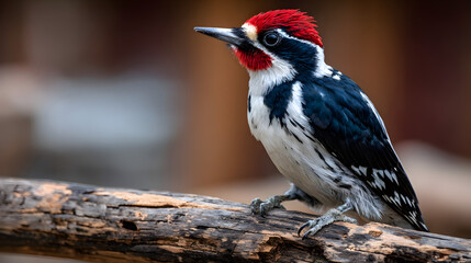 A detailed portrait of an acorn woodpecker perched gracefully on a weathered branch with red crest and intricate plumage