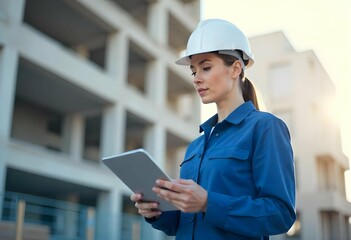 Photo of a female civil engineer in a hard hat and blue uniform, using a tablet to review data at an active construction zone