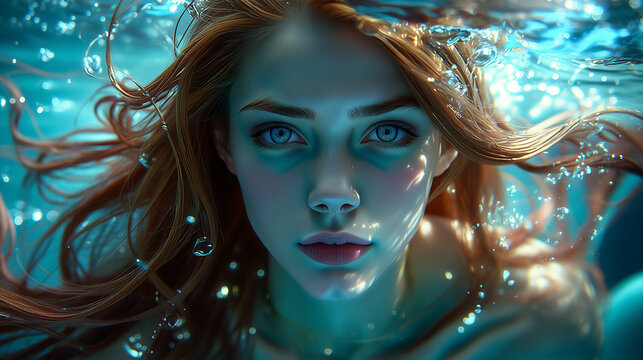 Beautiful mermaid blue eyes and red hair , realistic fantasy image.