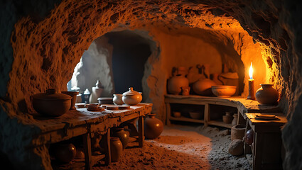 Ancient clay pottery jars stored in stone cave tunnel illuminated by candlelight creating mysterious archaeological atmosphere