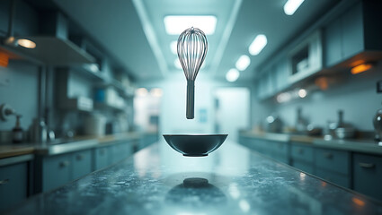 Kitchen whisk suspended mid-air dropping flour powder above bowl in modern futuristic kitchen creating dynamic culinary action scene