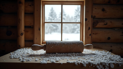 Flour-dusted wooden rolling pin on rustic kitchen counter with snowy winter landscape visible through window - cozy baking atmosphere