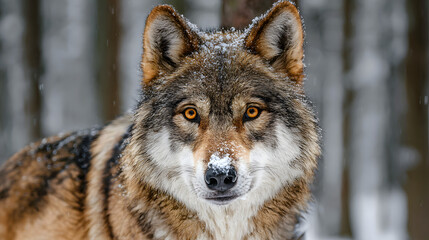 Fototapeta premium Majestic wolf in winter a close up portrait of a wild animal with intense eyes and snowy details