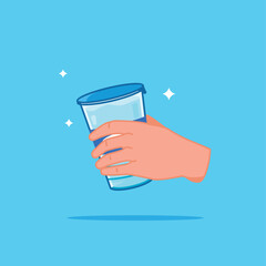 plastic glass water bottle held in hand, healthy blue drinking water packed in single drink capacity