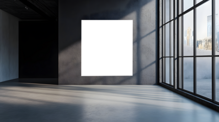 Modern empty art gallery interior with a blank white canvas and large windows overlooking city skyline