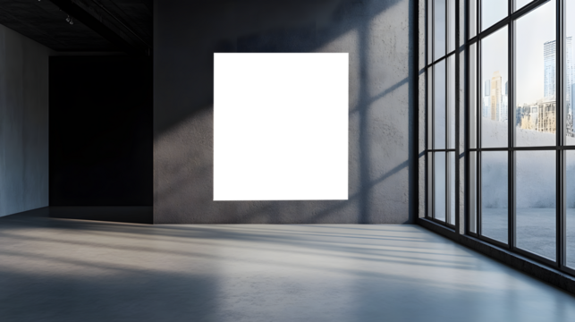 Modern empty art gallery interior with a blank white canvas and large windows overlooking city skyline