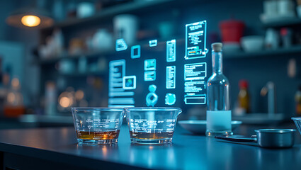 Transparent containers with glowing red-pink liquid creating mystical atmosphere in modern futuristic kitchen with blue ambient lighting