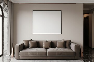 Fototapeta premium Modern beige living room with large blank canvas and sofa
