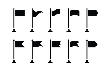 Collection of flag and pennant icons with poles for start, end, banner, location, pin destination map pictograms. part 2
