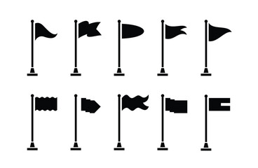 Collection of flag and pennant icons with poles for start, end, banner, location, pin destination map pictograms. part 1