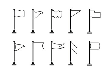 set 10 Collection of flag and pennant icons with poles for start, end, banner, location, pin destination map pictograms in monoline style . part 2