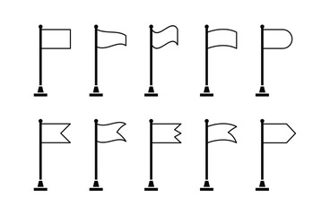 set 10 Collection of flag and pennant icons with poles for start, end, banner, location, pin destination map pictograms in monoline style . part 1