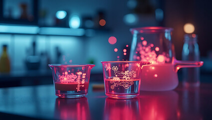 Glass measuring beakers with glowing floating particles creating magical laboratory scene with pink and purple lighting - fantasy science