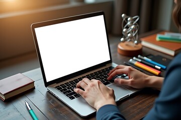 Person typing on laptop with blank screen at desk
