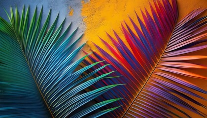 vibrant hues palm frond on a plastered wall