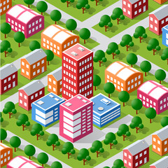 Colorful isometric cityscape with buildings and trees