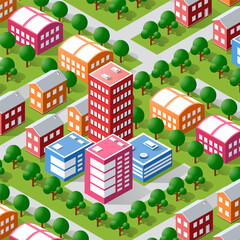 Colorful isometric cityscape with buildings and trees