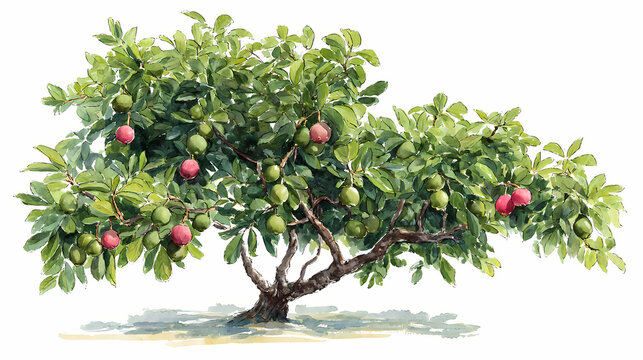 Watercolor Illustration of Full-Grown Guava Tree &ndash; Tropical Green Foliage and Fruits on White Background