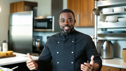 A black chef is interviewed in his kitchen. He is dressed in business attire and speaks to the camera, pointing with both hands at how to cook and smiling at us.