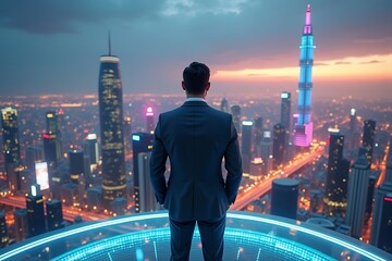 Obraz na płótnie Canvas Businessman contemplating cityscape at sunset