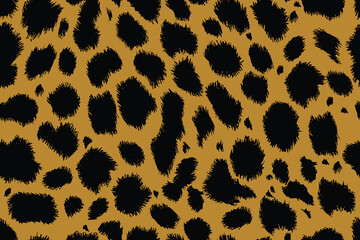 Hand drawn seamless abstract pattern with irregular hairy black rounded spots on yellow background, simple animal print like leopard or cheetah, for textile, carpet, decoration