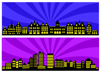 Cityscape silhouettes with colorful radial backgrounds representing