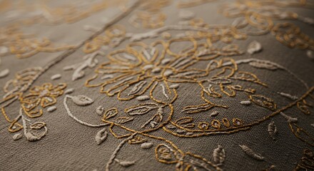 Close-up of Exquisite Hand-Embroidered Floral Design on Taupe Fabric