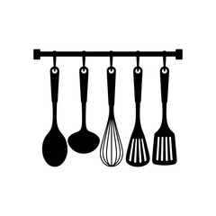 Kitchen Utensil Rack: A stylish set of five essential kitchen utensils neatly hangs on a rack, ready for culinary adventures.  