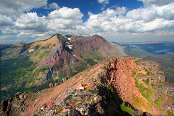Mountaintop view of rugged alpine scenery in Glacier National Park