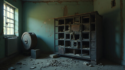 Vintage film reel in abandoned room with peeling green walls and dusty shelves creating nostalgic atmosphere of forgotten cinema history