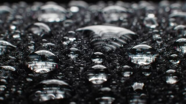 Water Droplets On Black Fabric Surface Macro Photography