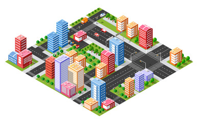 Colorful isometric city center with skyscrapers and traffic