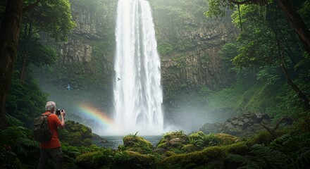Majestic waterfall in lush green tropical rainforest landscape scene fog man calm mist moss wild