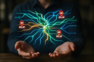 A person's hands cradle a glowing digital network, with holographic lines extending outwards and indicators that signal a delay or stop. The image evokes themes of technology, information.