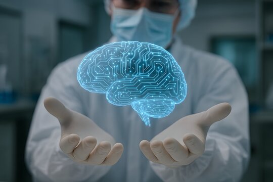 A scientist in a sterile lab setting gently cradles a futuristic, translucent digital brain, symbolizing breakthroughs in neuroscience and artificial intelligence.