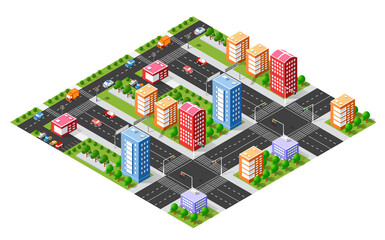 Colorful isometric city center with skyscrapers and traffic
