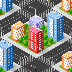 Colorful isometric cityscape with buildings and trees