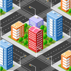 Colorful isometric cityscape with buildings and trees