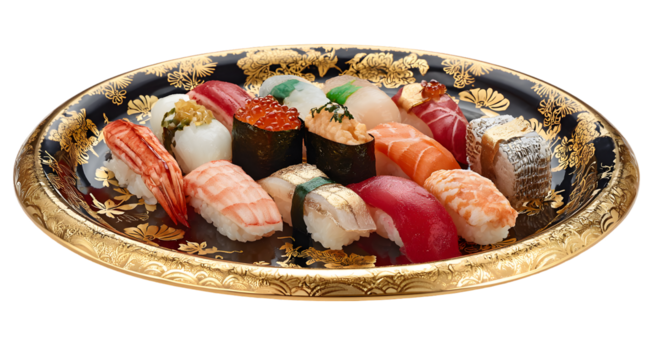 Delicious gourmet sushi platter with assorted fish and rice raw art food on transparent background