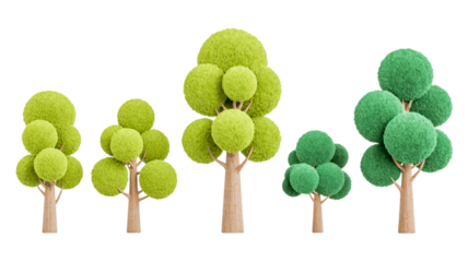 A set of five stylized cartoon trees arranged in a horizontal line against  isolated on a transparent background.