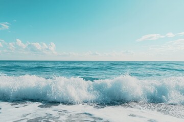 Turquoise waves crash on a tranquil sea under a clear blue sky, inviting peace and relaxation, Turquoise waves crashing on serene sea under clear sky