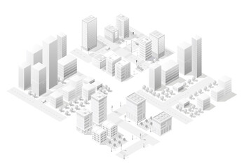 Modern city center with skyscrapers, streets and trees forming