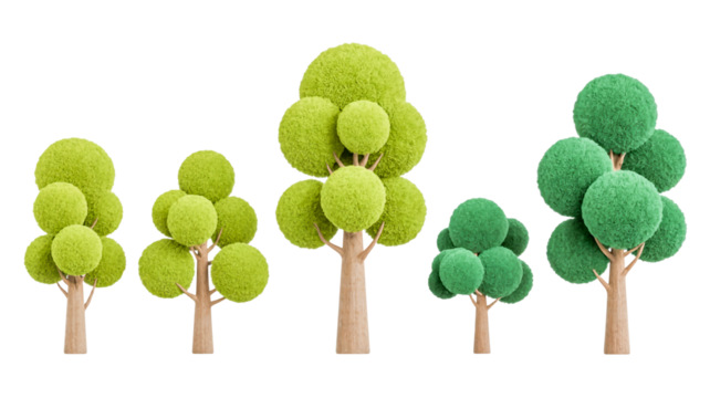 A set of five stylized cartoon trees arranged in a horizontal line against  isolated on a transparent background.
