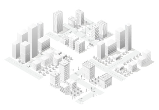 Modern city center with skyscrapers, streets and trees forming