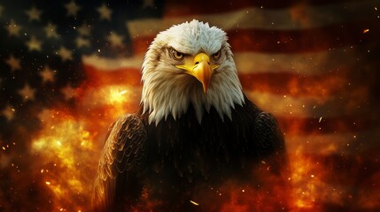 Majestic bald eagle portrait against a fiery American flag backdrop.