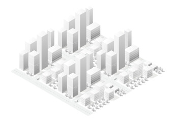 Modern city center with skyscrapers, streets and trees forming