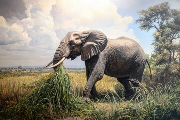 Fototapeta premium Elephant foraging for grass in a lush landscape during daylight hours, Elephant walking and eating grass