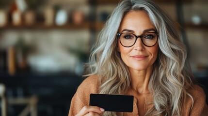 A sophisticated woman with beautiful gray hair and glasses holds a black card, perfect for showcasing elegance, confidence, and modern lifestyle in a cozy setting.