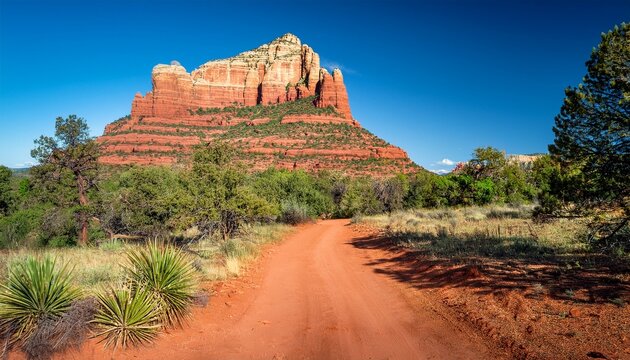 dusty trail leading to beautiful red bell rock mountain in sedona arizona
